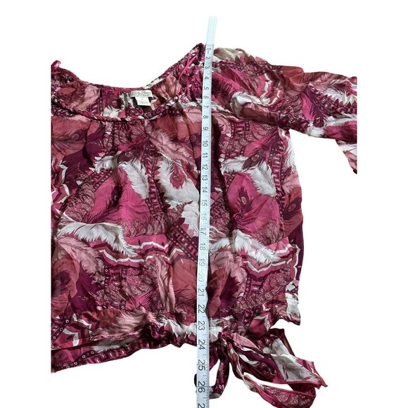 Lucky Brand Womens Peasant Boho Sheer Top Sz S Feather Print Braided Neck - Picture 8 of 12